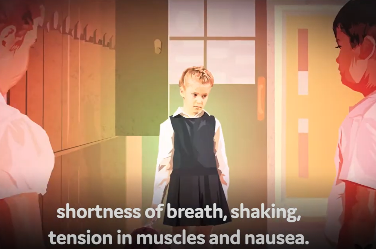 Film illustration shows a child looking downwards and 2 other children looking on