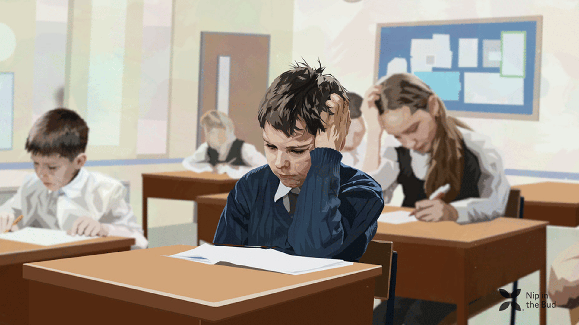 Illustration of child at school with head in their hands