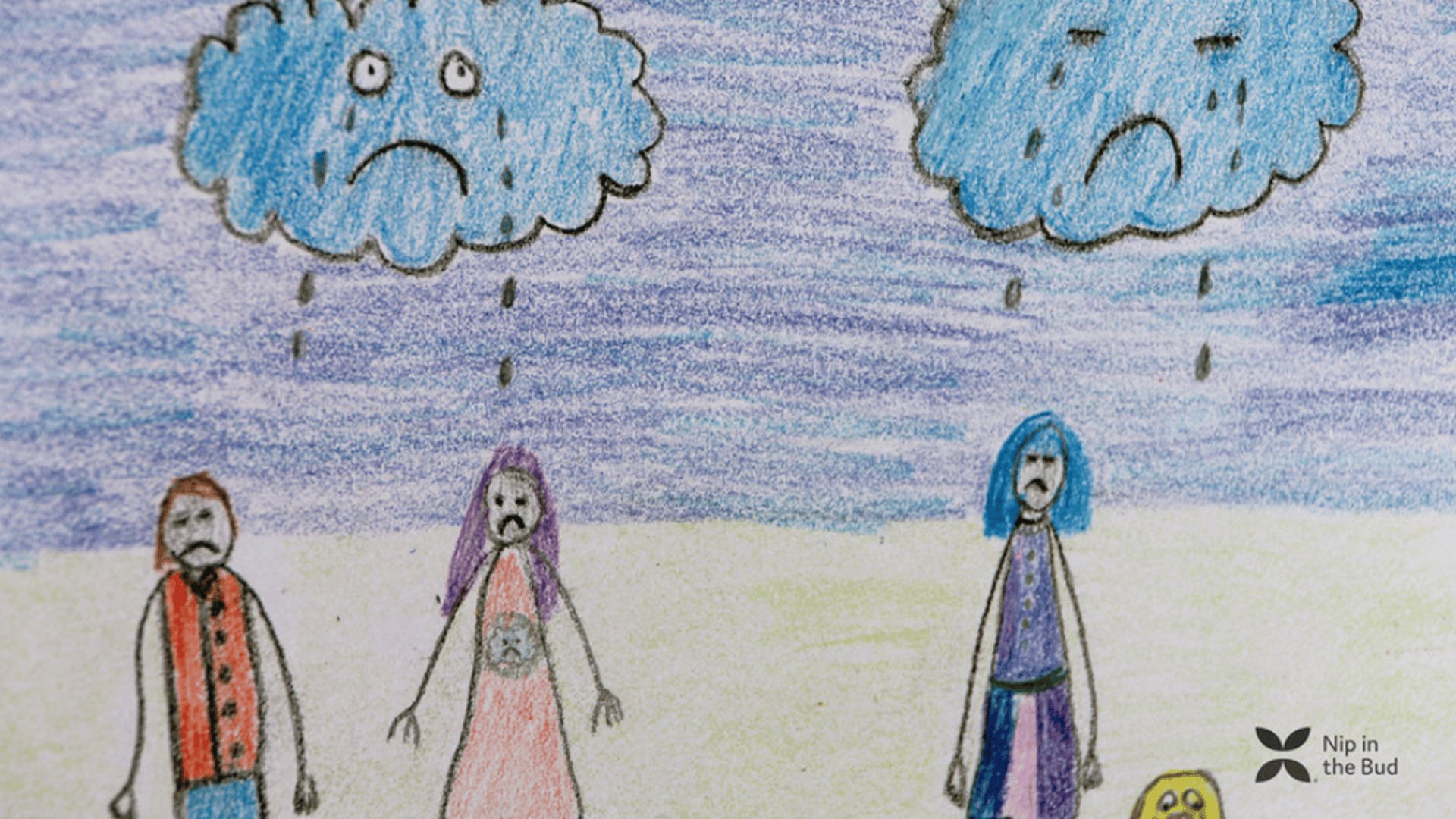 Drawing of three people with rain clouds above them