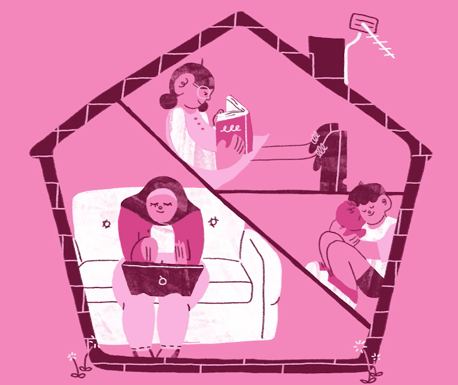 illustration shows a parent and children in a home doing different activities