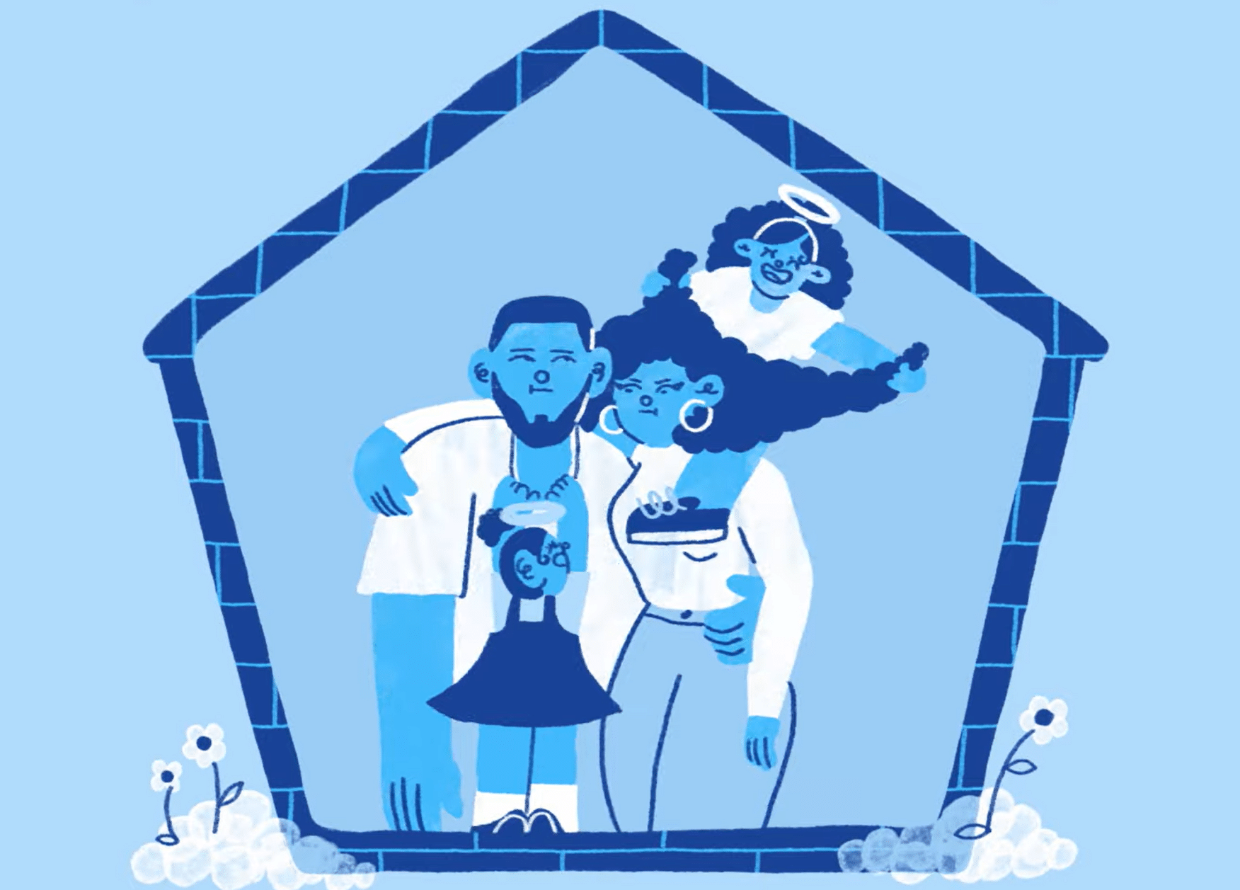 illustration shows a family in a house