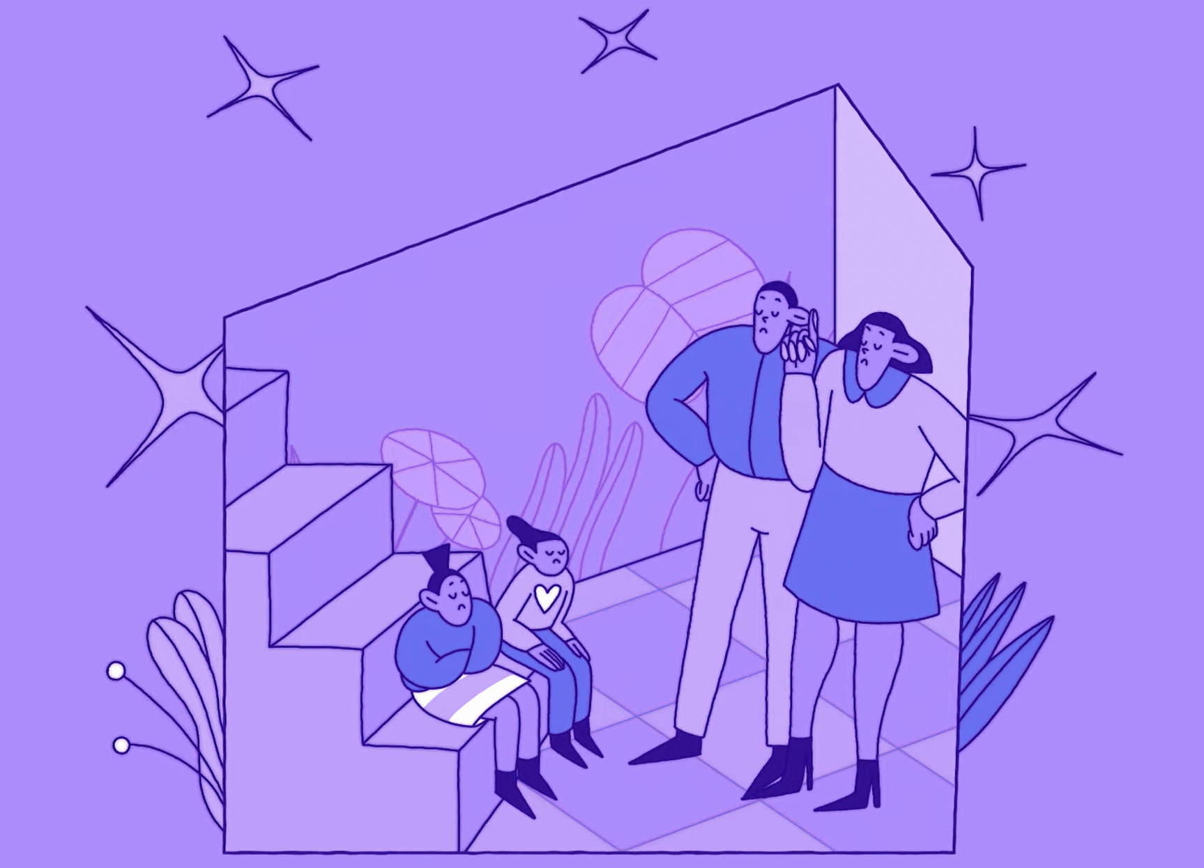 illustration shows parents talking to children about a behaviour in a home