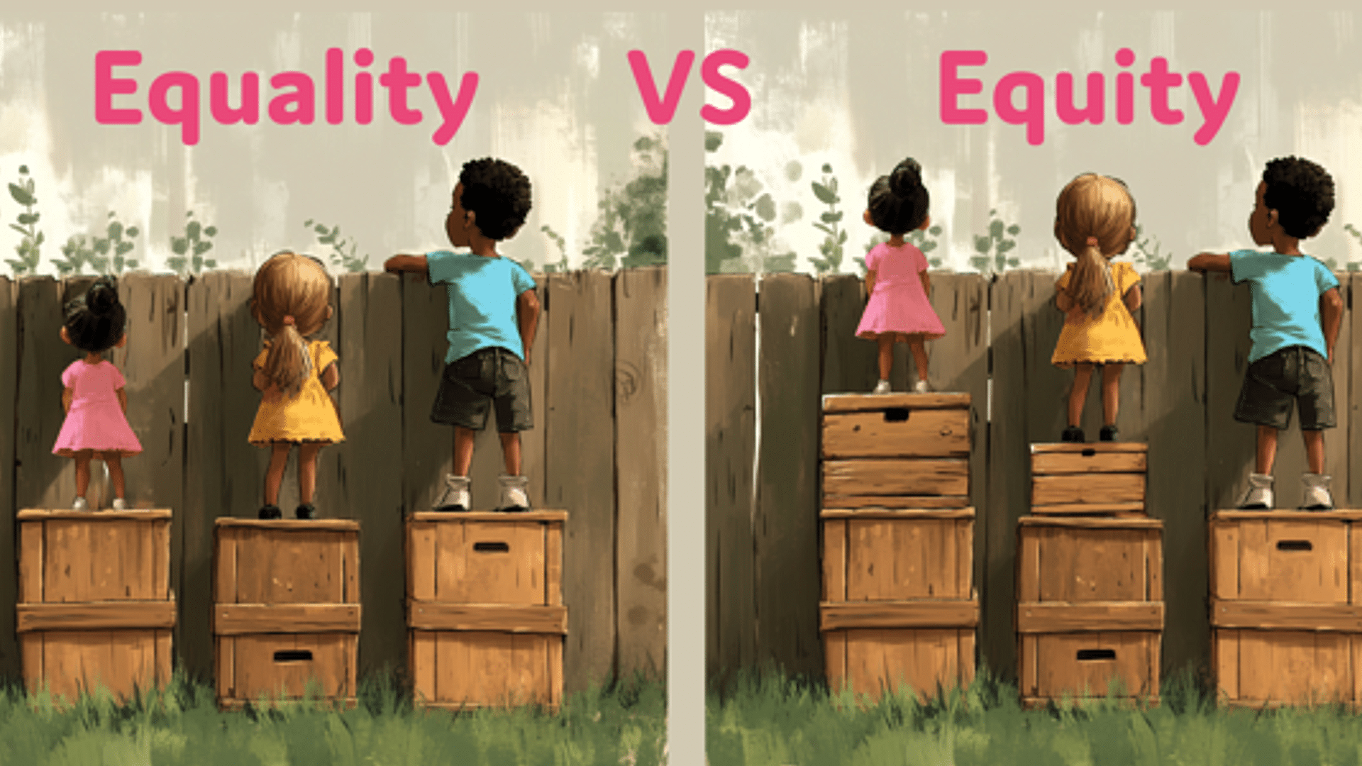 Illustration of children standing next to a fence to demonstrate the difference between equity and equality